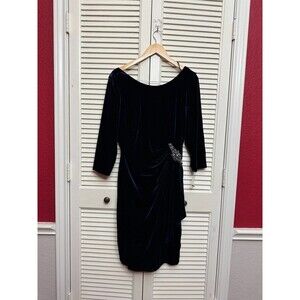 Alex Evenings Dress  Women 14 Navy Blue Side-Ruched Beaded Event Occasion